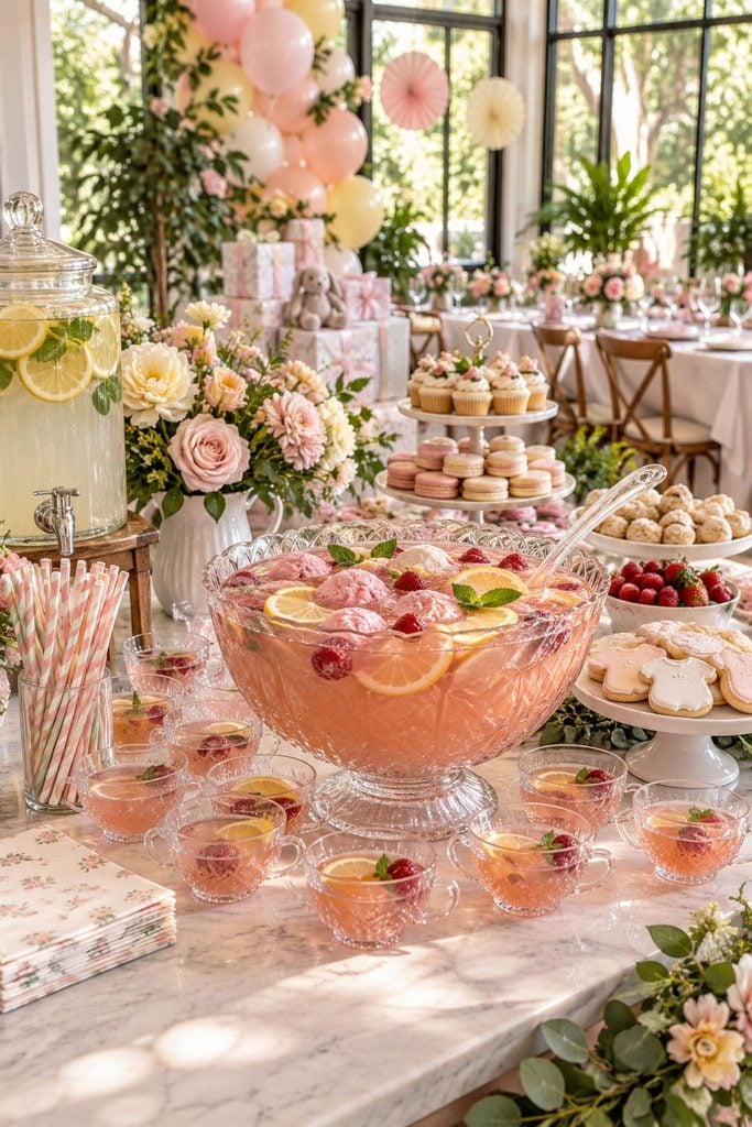 Vintage glass punch bowl with a scoop of sherbet, a classic baby shower drink station idea