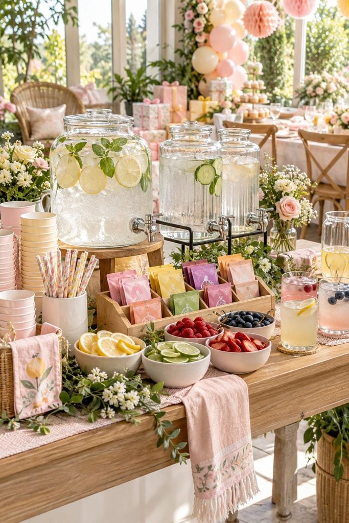 Baby shower drink station ideas: water flavor bar with drink packets in an organizer beside a pitcher of water