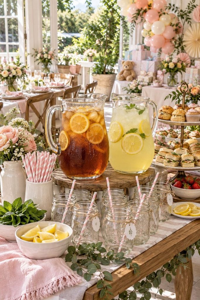Sweet tea and lemonade pitchers in mason jars, an easy baby shower drink station idea