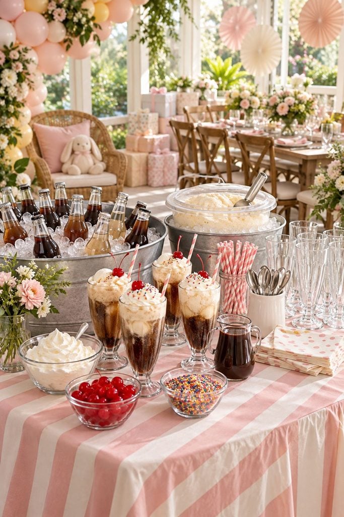 Baby shower drink station ideas: milkshake and root beer float bar with ice cream and a toppings tray