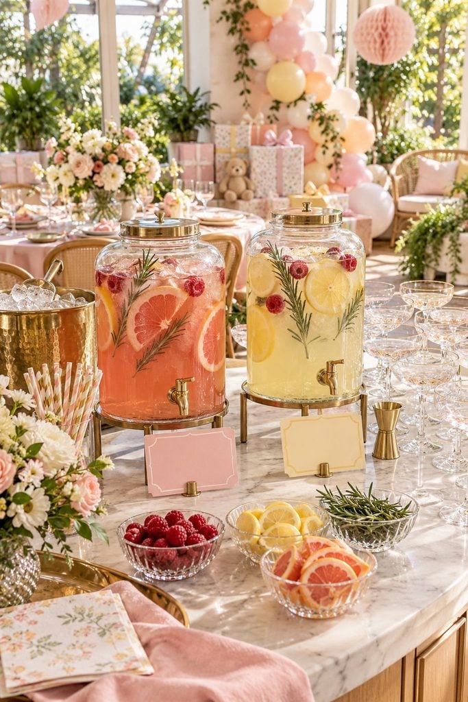 Baby shower drink station ideas: signature cocktail and mocktail duo bar with fresh herbs and name cards