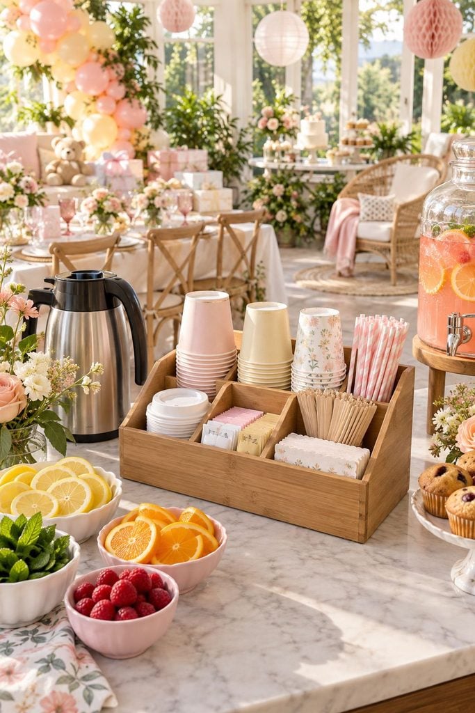 Garnish and condiment caddy with stirrers and sweeteners, a helpful add-on to any baby shower drink station ideas list