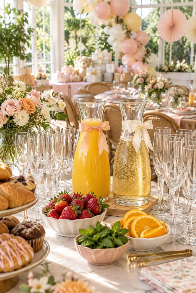 Baby shower drink station ideas: mimosa and sparkling cider bar with two carafes, strawberries, orange slices and mint