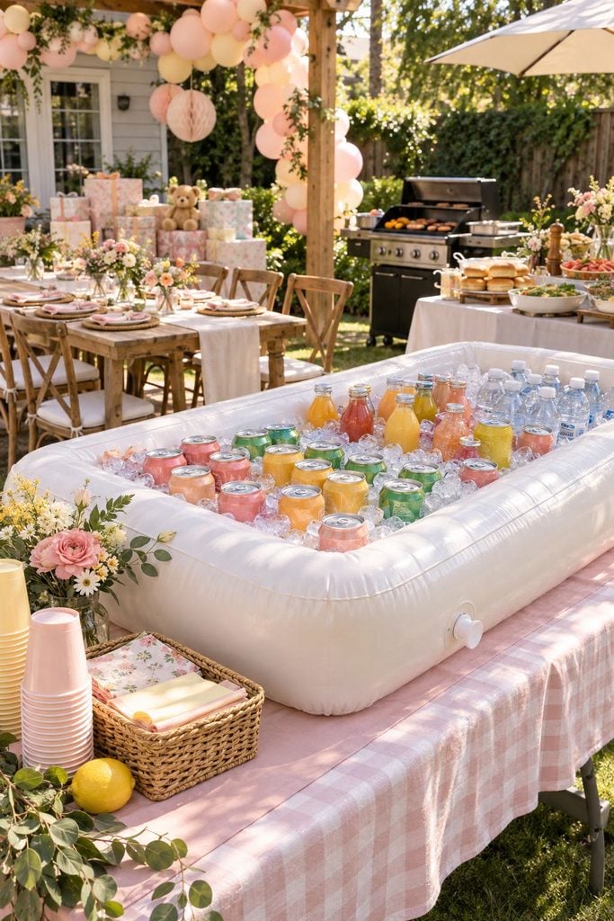 Inflatable cooler drink station filled with canned drinks, a casual backyard pick for baby shower drink station ideas