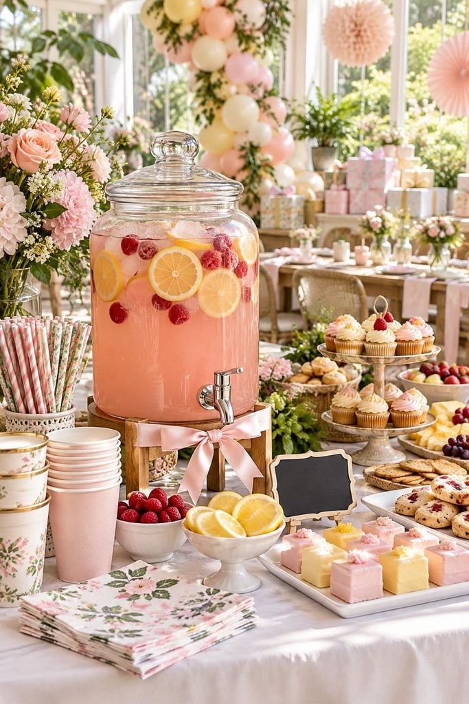 Pink lemonade in a glass dispenser on a wood stand, one of our favorite baby shower drink station ideas