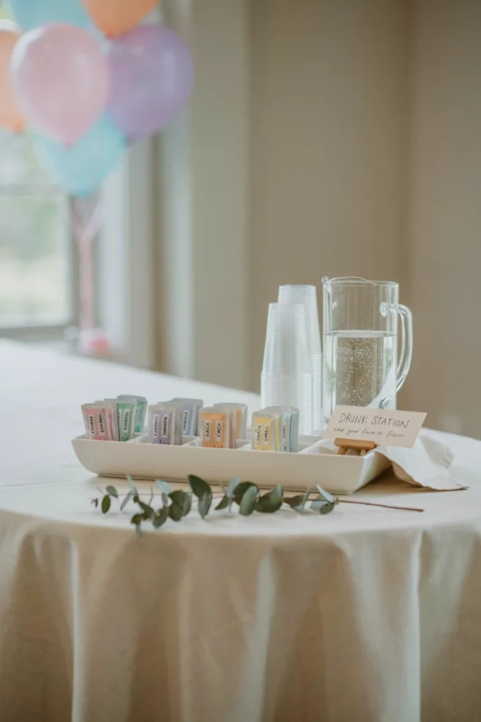 baby shower drink station A neat row of water flavor packets displayed in a divided organizer next to a stack of clear cups and a pitcher of plain water