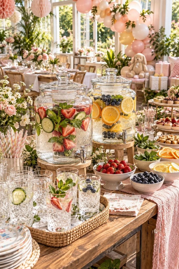 Sparkling water and fruit infusion bar with fruit-filled glass dispensers, a fresh take on baby shower drink station ideas