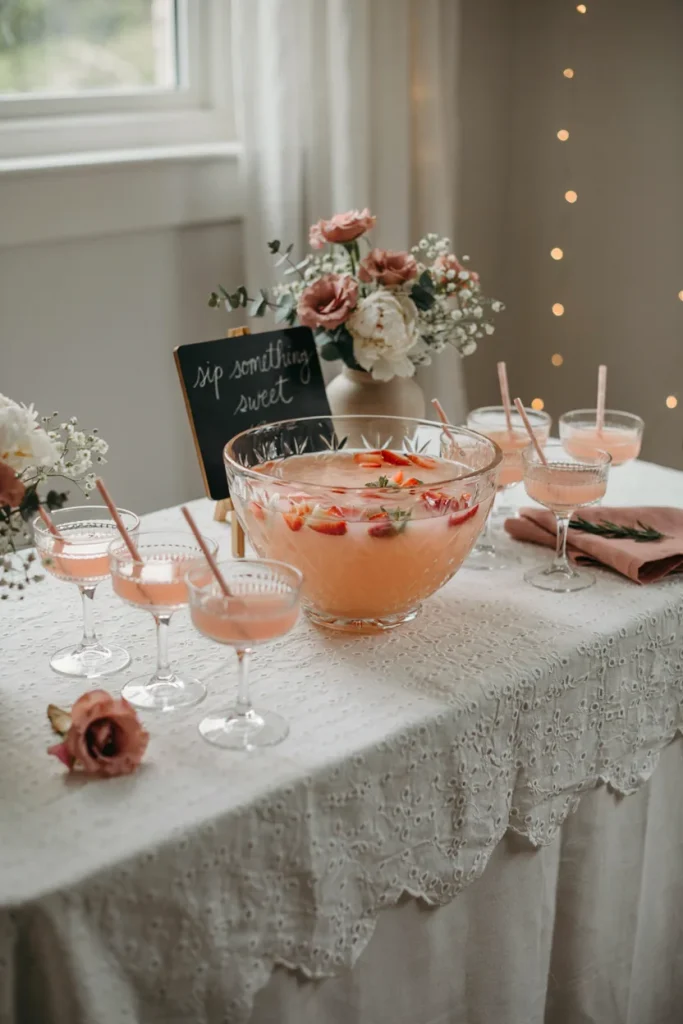 baby shower drink station A crystal punch bowl filled with sherbet-swirled pink punch, surrounded by matching cups on a lace-topped table with a floral centerpiece