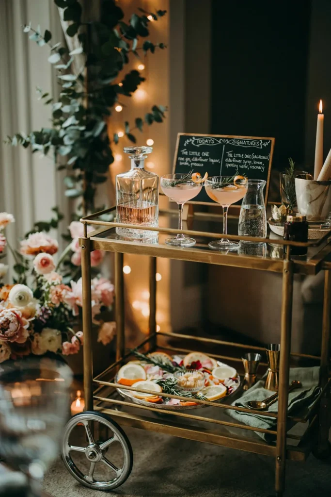 baby shower drink station -An elegant bar cart with a labeled signature cocktail and its non-alcoholic twin, garnished with rosemary sprigs and citrus twists, moody evening lighting