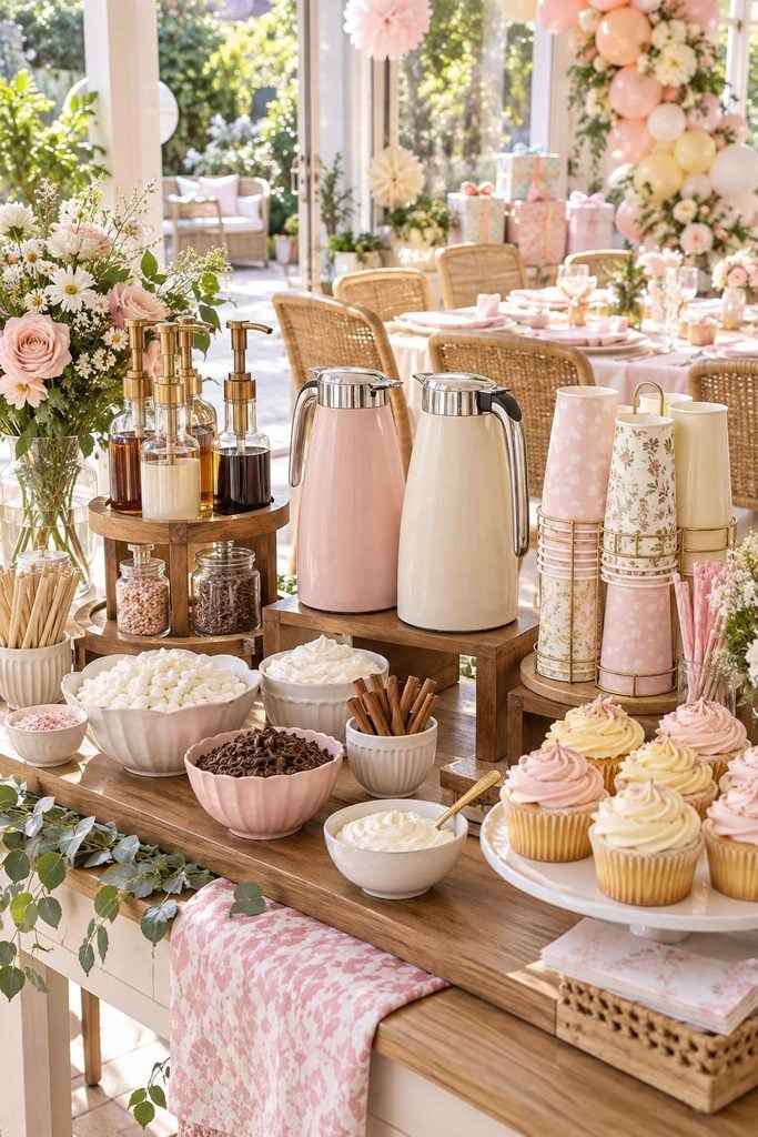 Baby shower drink station ideas: hot cocoa and coffee bar with cups, flavored syrups and toppings