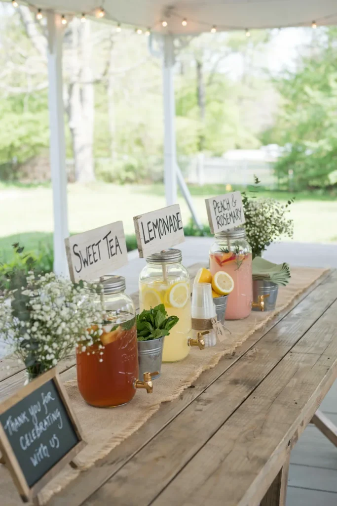 baby shower drink station - Mason jars of sweet tea and lemonade with mint sprigs and lemon wheels, arranged on a burlap runner with rustic wood signage