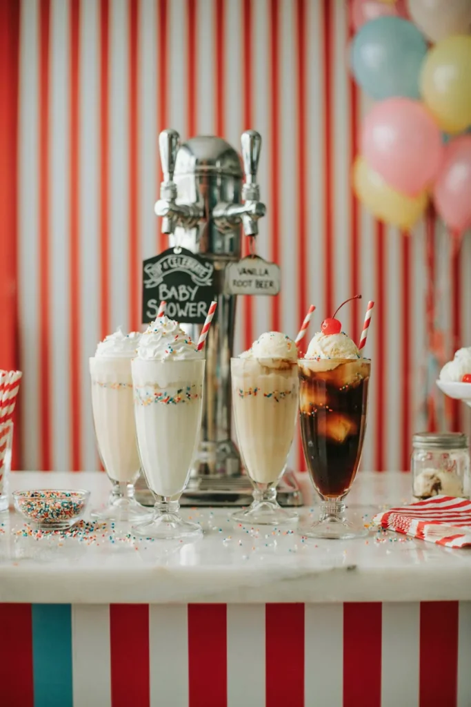 baby shower drink station - Tall glasses of vanilla milkshakes and root beer floats with whipped cream and rainbow sprinkles, set against a retro diner-striped backdrop