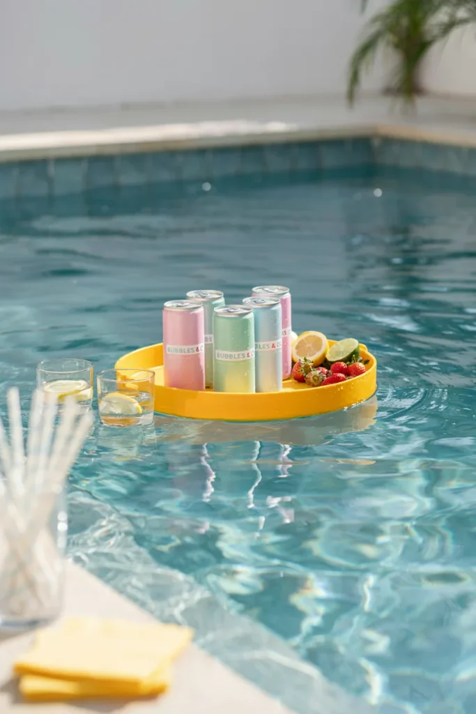 baby shower drink station - A bright yellow fabric floating drink station in a pool, holding cans of sparkling water and fruit, with sunlight reflecting off the water