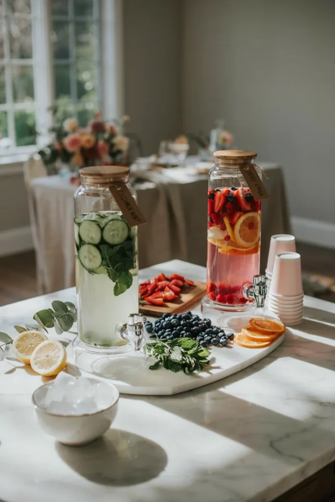 baby shower drink station - Two glass beverage dispensers filled with cucumber-mint and berry-citrus infused water, set on a marble counter with fresh fruit scattered around