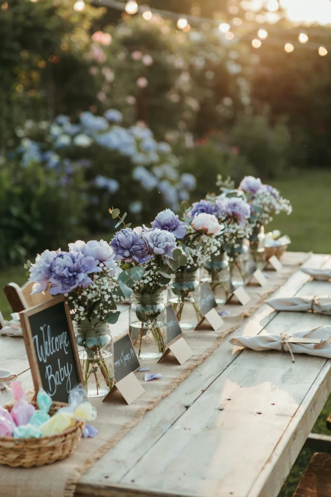 Blue mason jar peony and baby's breath centerpieces