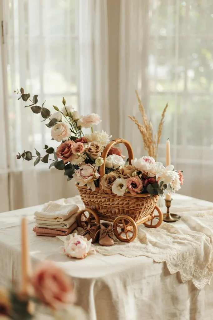 Vintage rattan baby carriage centerpiece filled with flowers