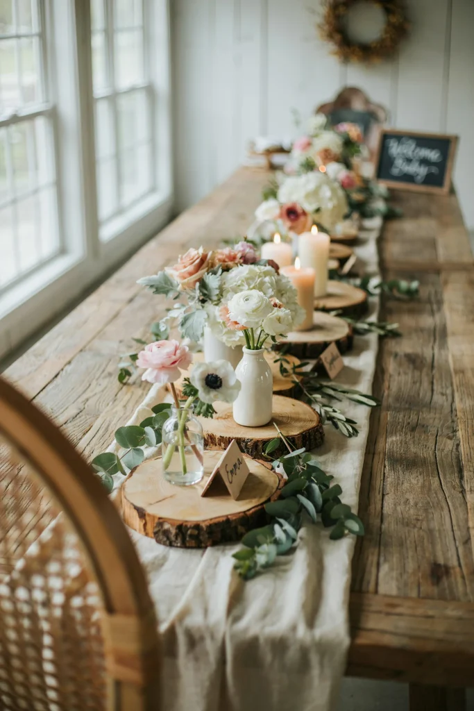 Natural wood slice centerpieces on a rustic baby shower table