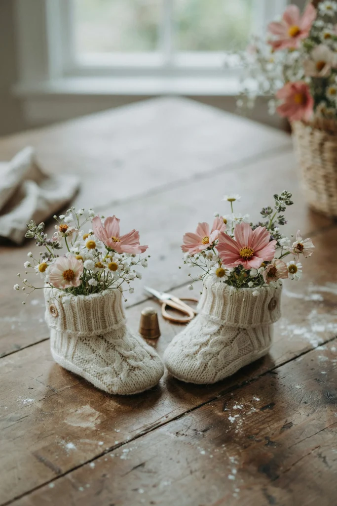 Knitted bootie flower centerpieces filled with wildflowers