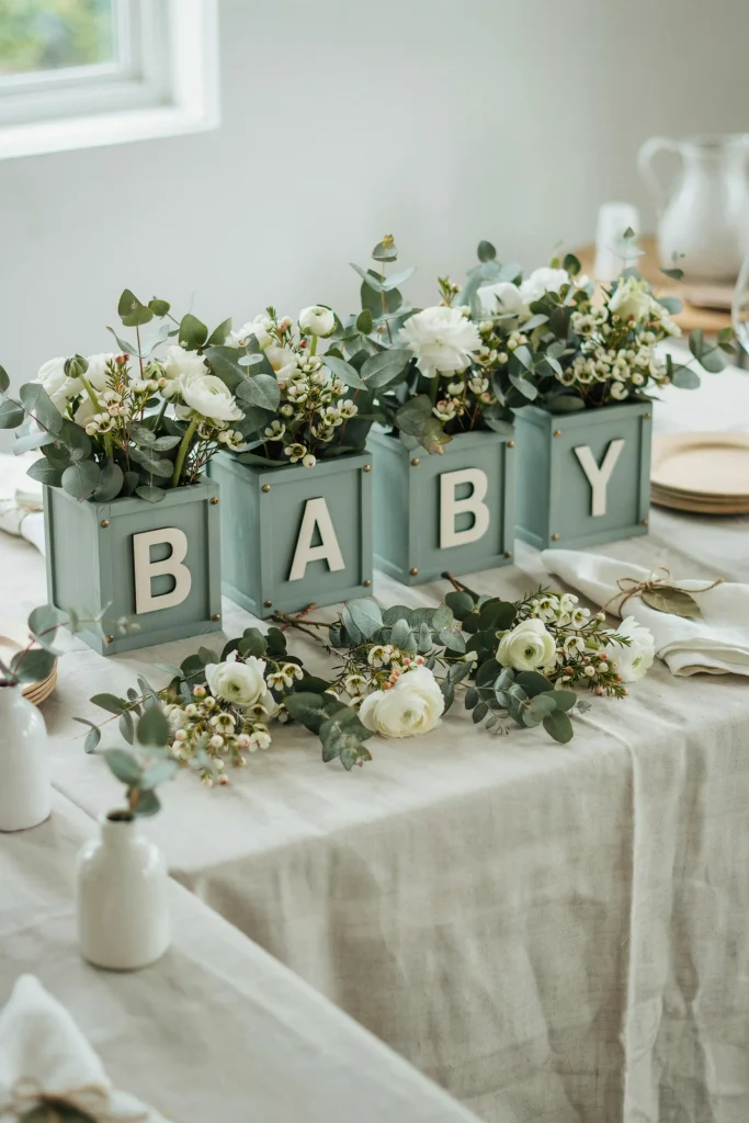 Sage green letter block flower box centerpieces