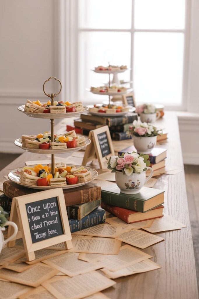 Tea sandwiches and fruit skewers on tiered stands set among old book pages and antique teacups, with a Once Upon a Time chalkboard sign