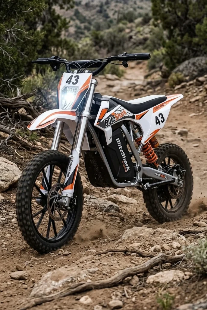 BlitzShark electric dirt bike on a bumpy trail, dual suspension visible, slightly larger frame than entry-level models