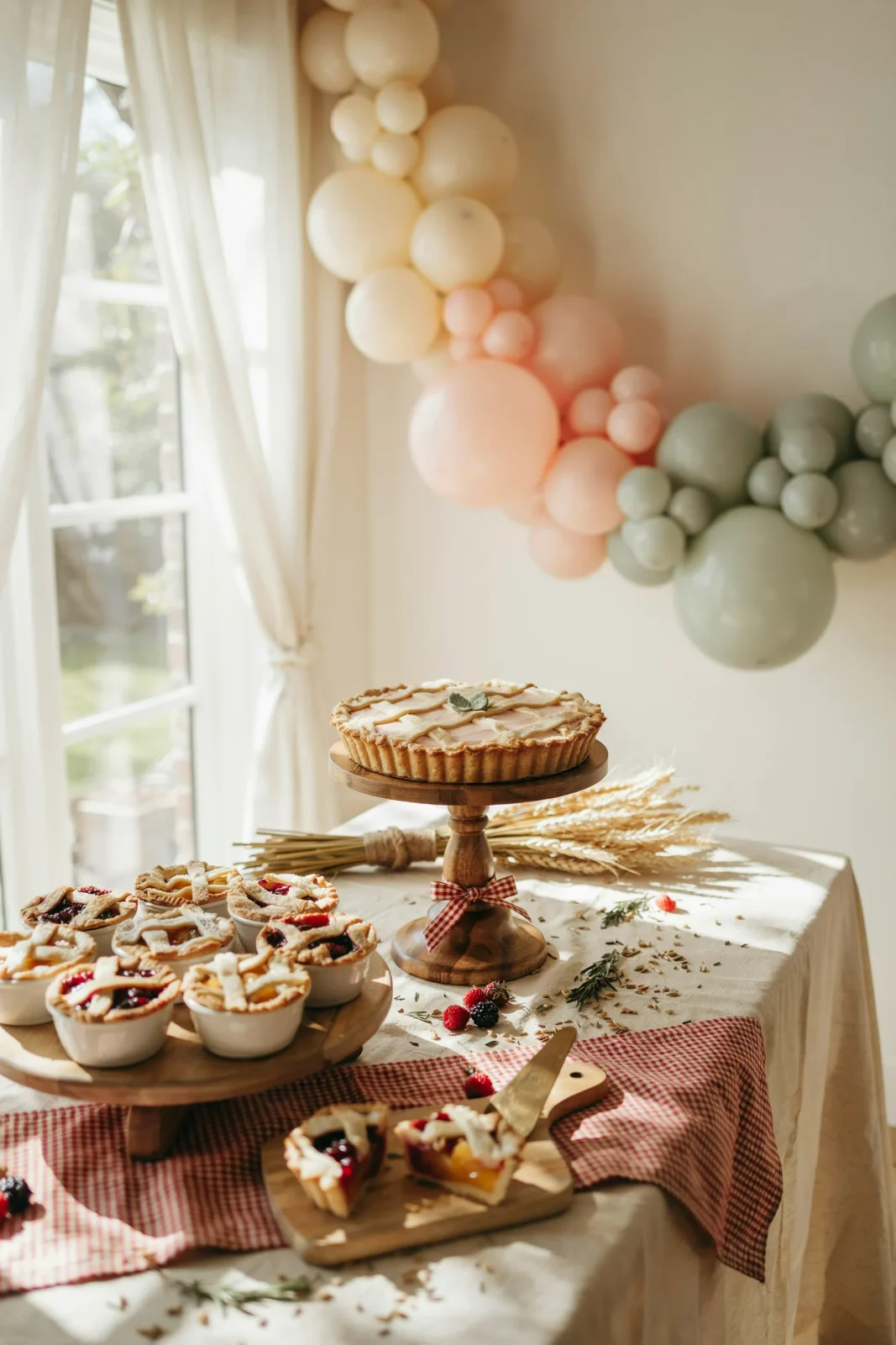 A styled first birthday dessert table in warm gingham and pastel tones, centered on a mini pie-shaped smash cake with a "One Sweet Year" banner overhung above, soft natural light, no text overlay needed.
