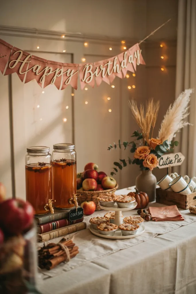 Warm apple cider sipping station with cinnamon sticks and mini mugs