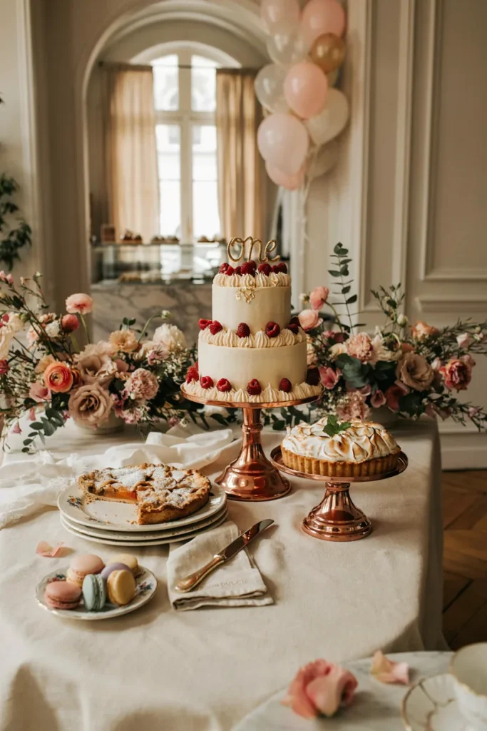 Copper and cream dessert table with vintage pie plates used as risers