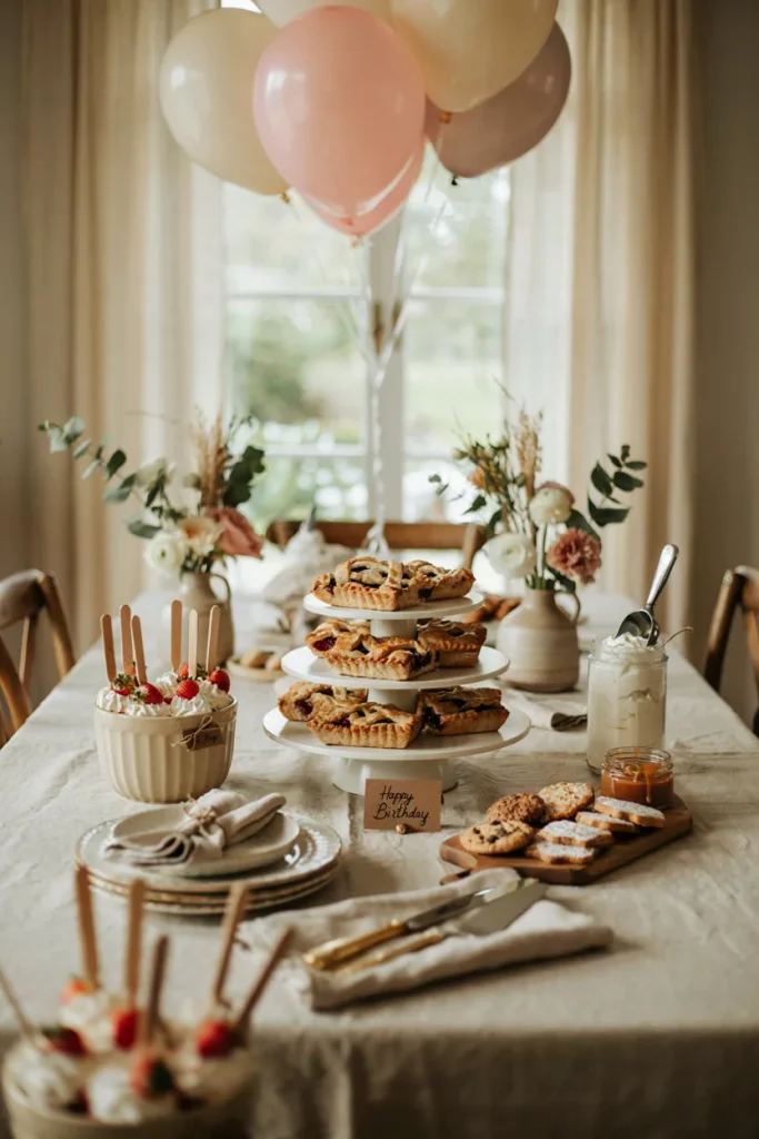 Tiered stand of mini hand pies with whipped cream for a first birthday dessert bar