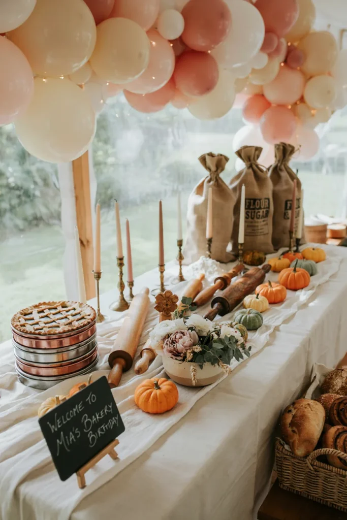 Vintage rolling pins and flour sack runner styled on a first birthday welcome table