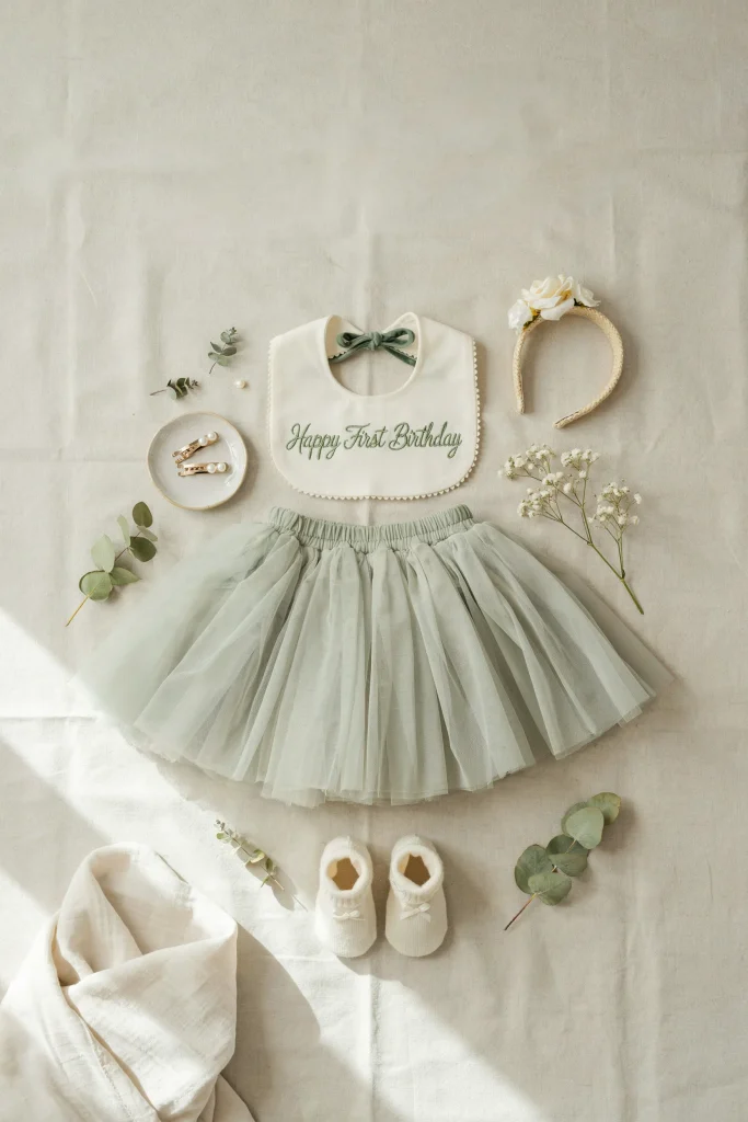 Baby in a pastel tulle skirt with a hand-lettered One Sweet Year bib