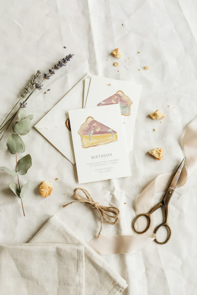 Pie-slice shaped die-cut first birthday save-the-date card