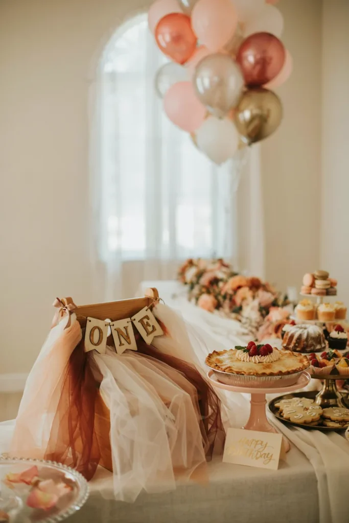 High chair wrapped in fringe tissue with a ONE sign for a cutie pie first birthday