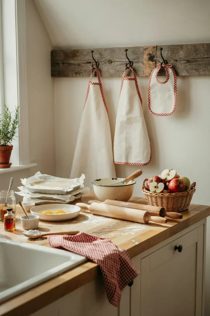 Family in matching cream gingham-trim aprons for a first birthday party