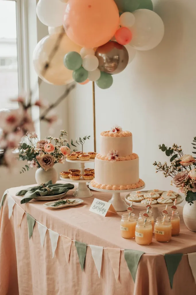 Pastel scalloped paper garland with pie slice cutouts over a dessert table
