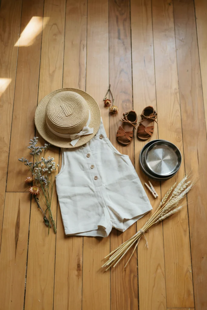 Baby in linen overall shortalls and a straw sun hat for a first birthday