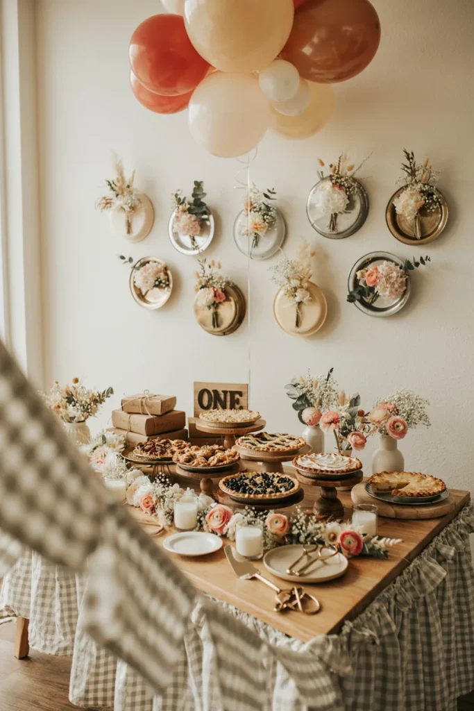 Mini pie tins hand-stamped to spell cutie pie as wall art