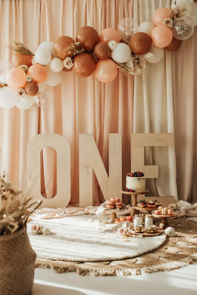 Red and white gingham fabric backdrop with dried wheat for a cutie pie first birthday