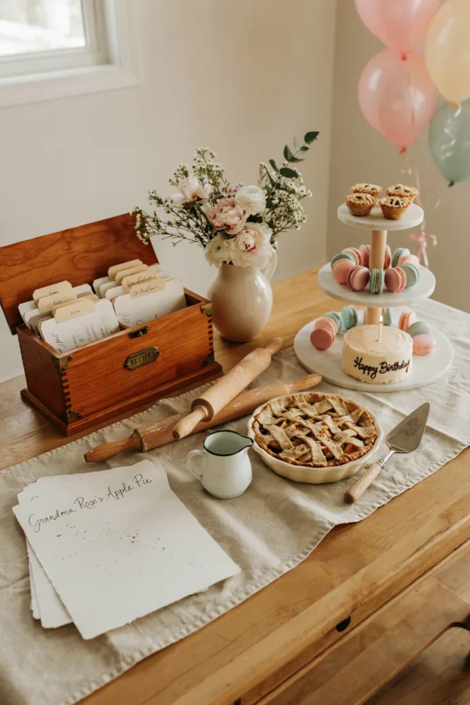 Pie recipe card guest book box for a first birthday party