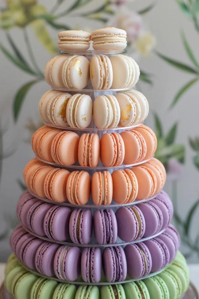 Ombre pastel macaron tower in lavender and pink for a nutcracker baby shower