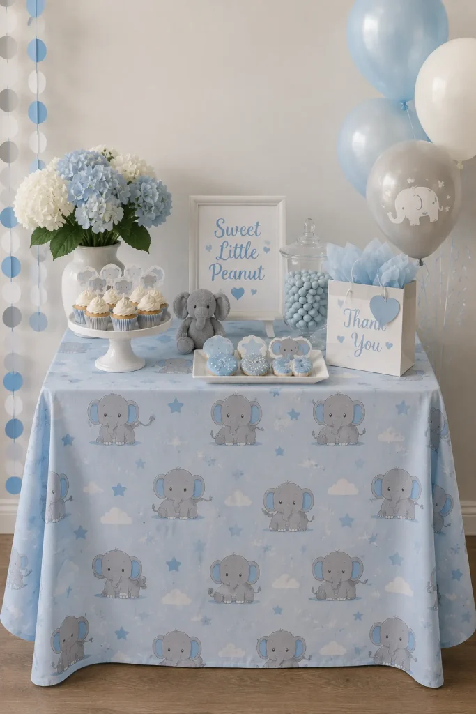 Blue elephant tablecloth on a baby shower dessert table