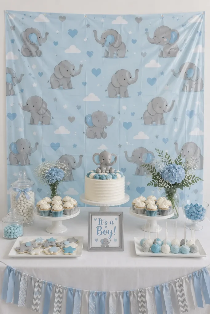 Blue elephant tablecloth used as a baby shower photo backdrop