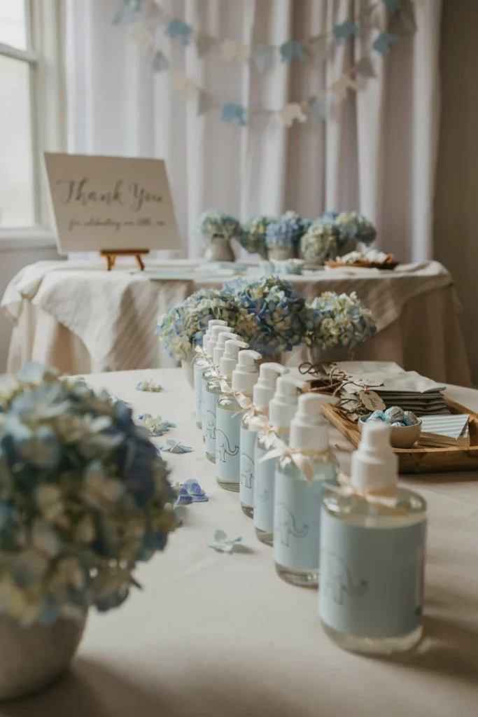 Elephant-themed hand cream party favors lined up on a table