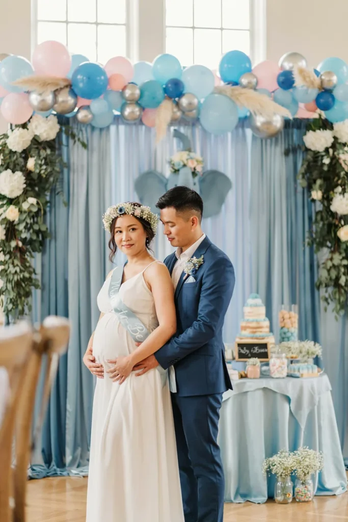Mom-to-be wearing a sash and flower crown at a blue elephant baby shower