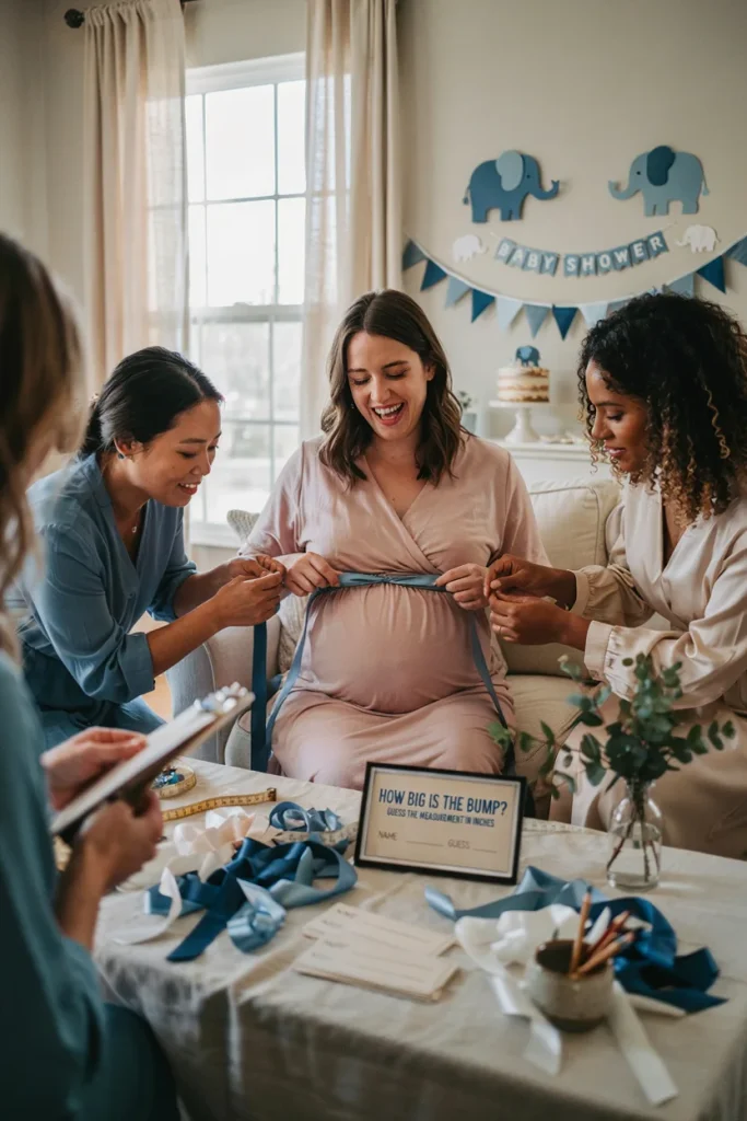 Guests playing measure the belly game at a baby shower