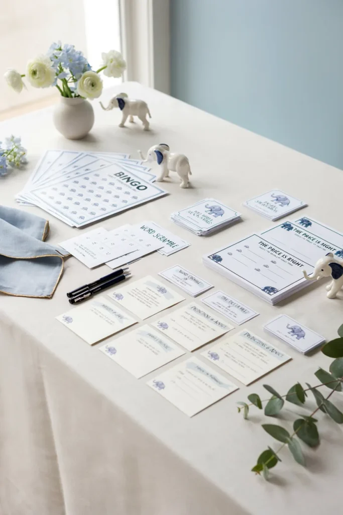 Blue elephant baby shower 8-in-1 game set spread on a table