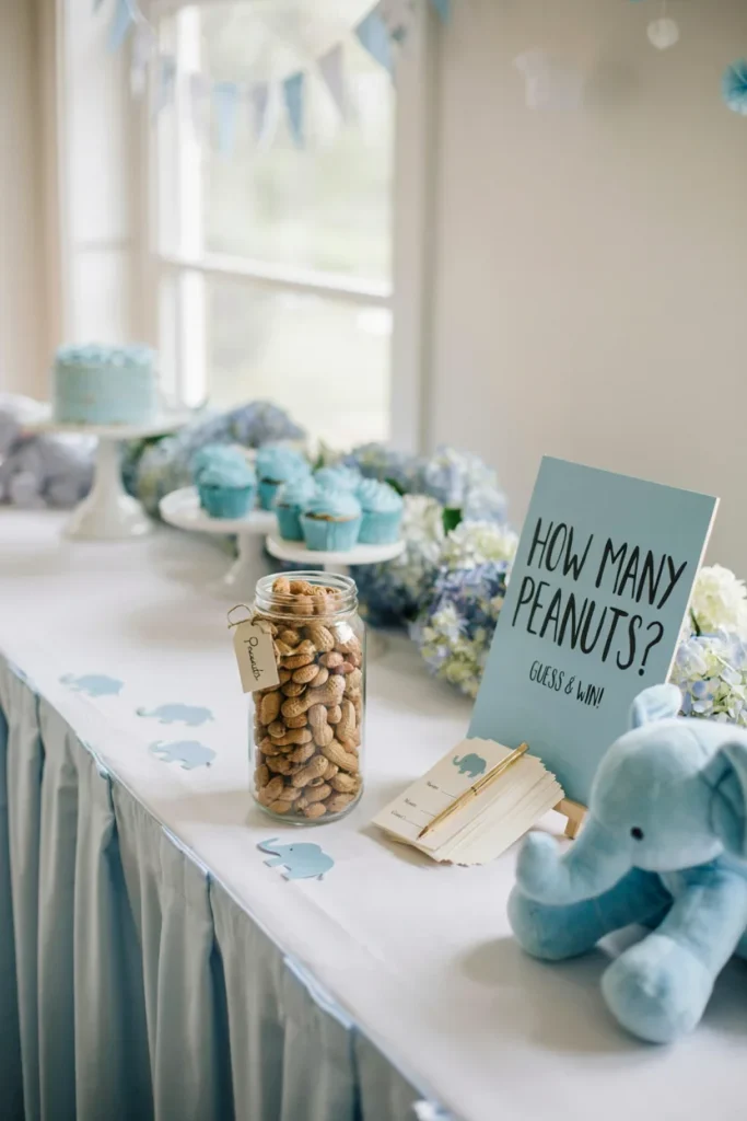 Guess how many peanuts jar game with blue elephant sign