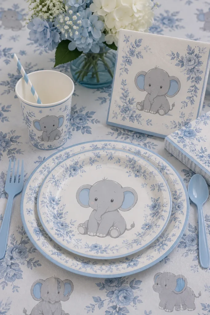Blue elephant baby shower table setting with plates and napkins
