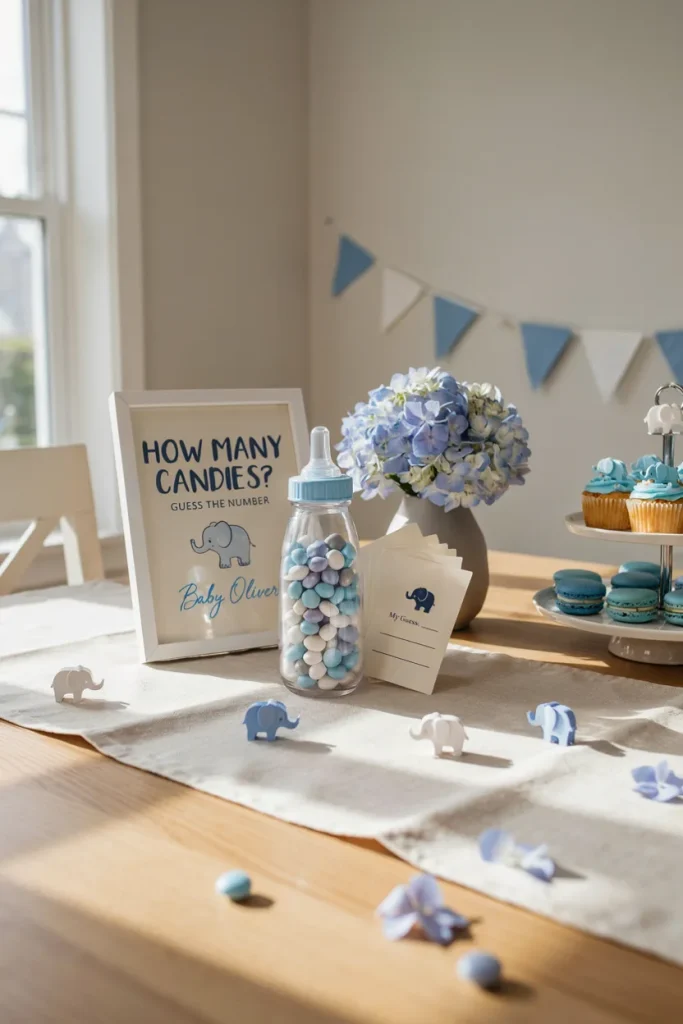 Guess how many candies baby bottle game for a blue elephant shower