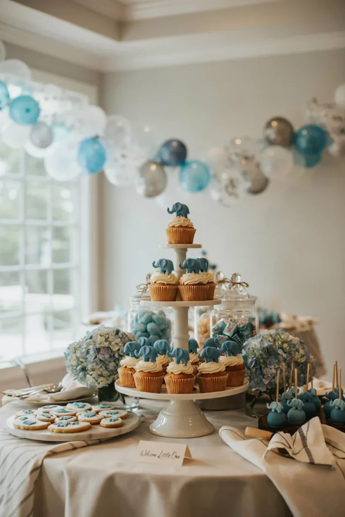 Three-tiered blue elephant cupcake stand at a baby shower